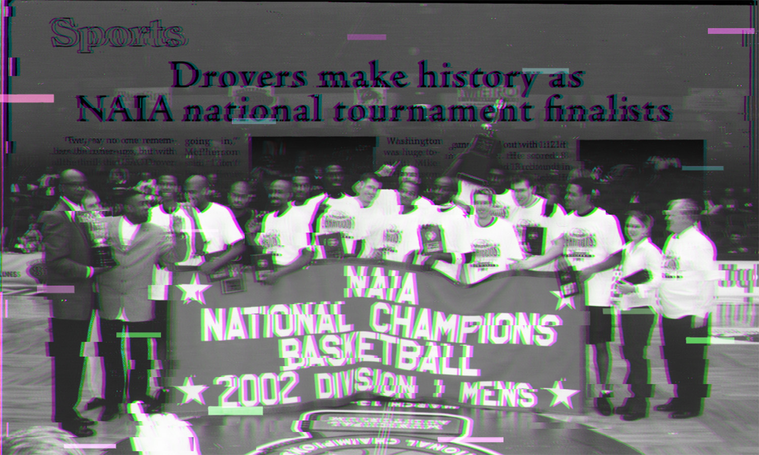USAO Drovers Basketball team with their championship banner