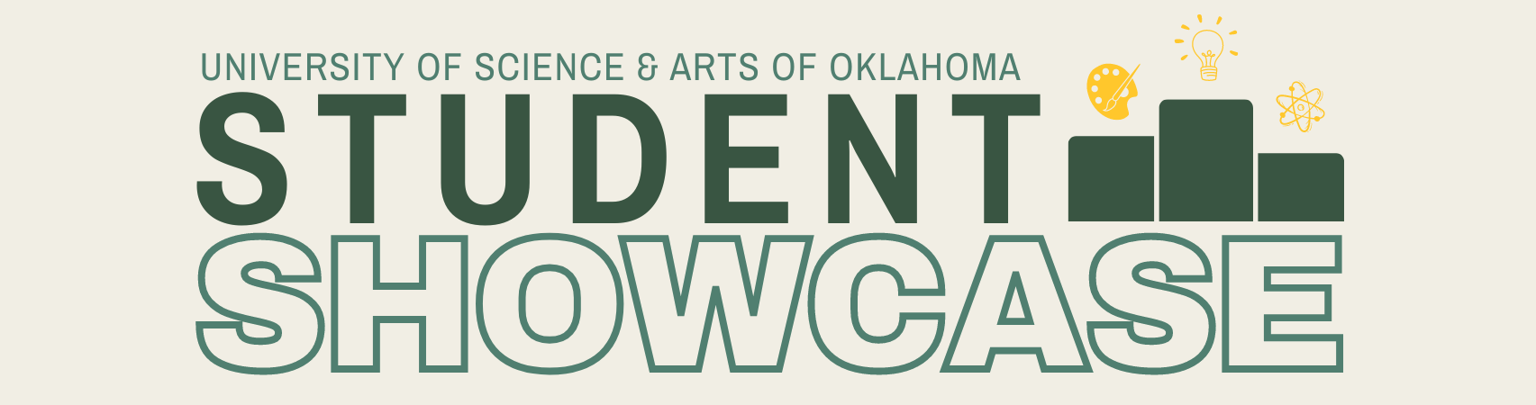 Student Showcase, with winners podium topped by icons representing art, ideas, and science