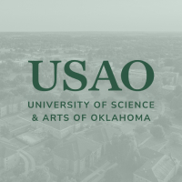 USAO logo overlaid on a light green image of campus from aerial view