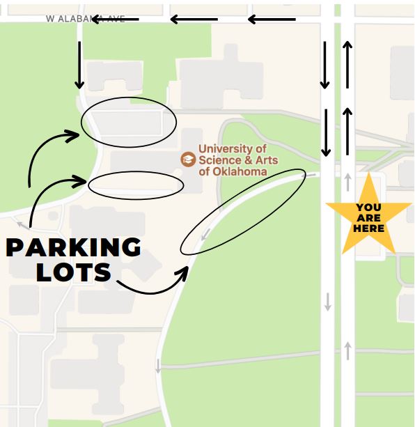 Map of move-in parking areas for Sparks Hall. One area is the North half of the campus oval, which you can access from 17th street. The other is to enter campus from Alabama Avenue and park directly North or South of Sparks Hall.